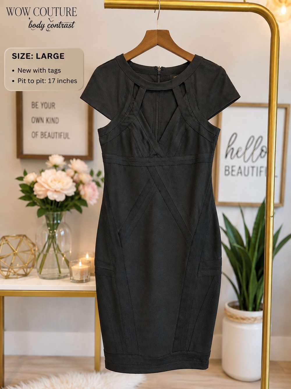 WOW Couture Body Contrast Black Sheath Dress Large NWT Tag Cut P2p17